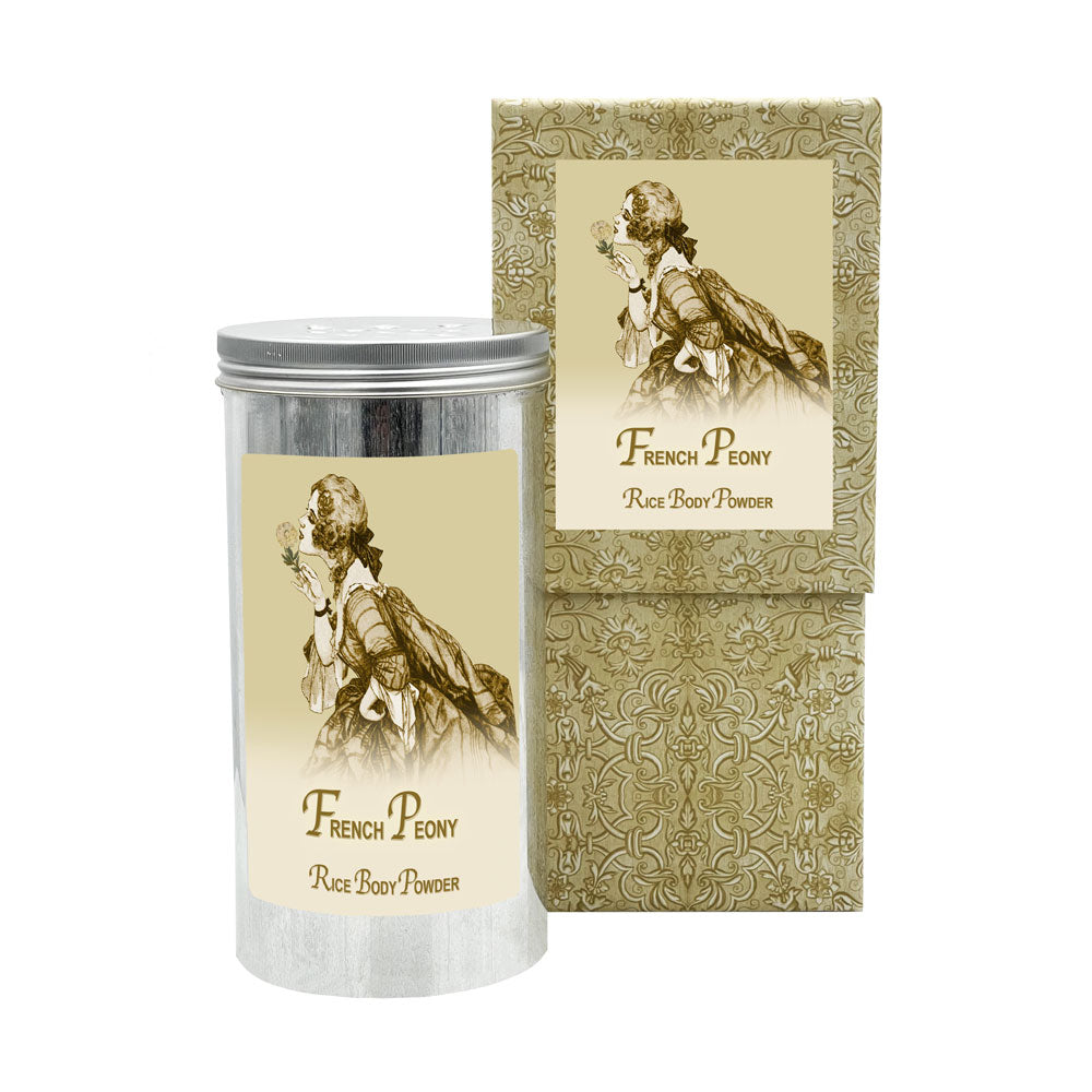 French Peony Rice Body Powder in an Aluminum Canister