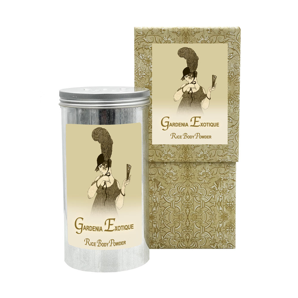 Gardenia Exotique Rice Body Powder in an Aluminum Canister