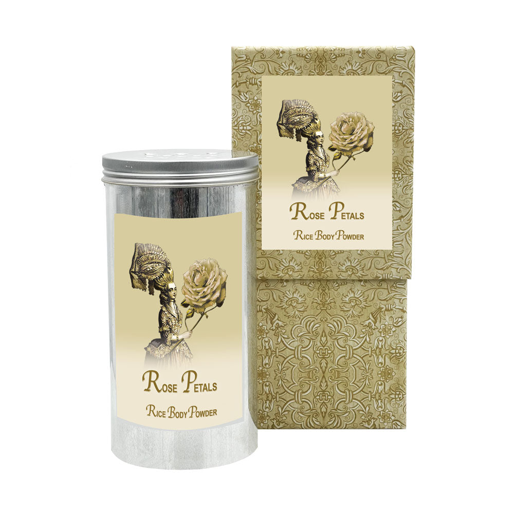 Rose Petal Rice Body Powder in an Aluminum Canister